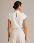 White High Neck Jewel Brooch Pleated Cap Sleeve Blouse