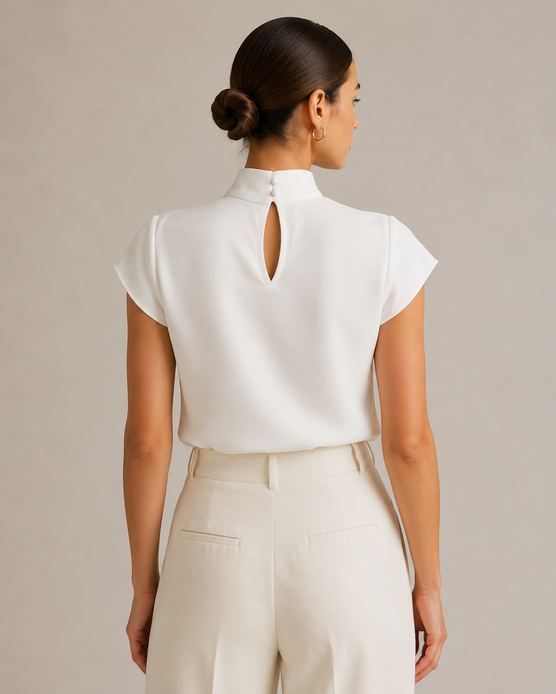 White High Neck Jewel Brooch Pleated Cap Sleeve Blouse