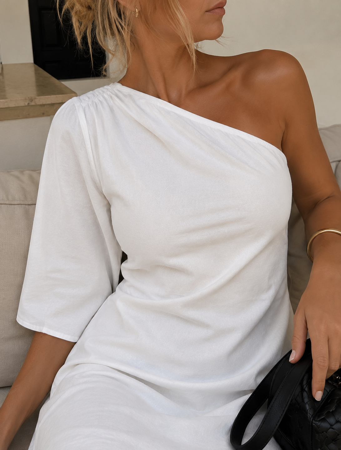 White One Shoulder Cotton Mini Dress