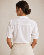 White V-Neck Floral Crochet Eyelet Short Sleeve Blouse