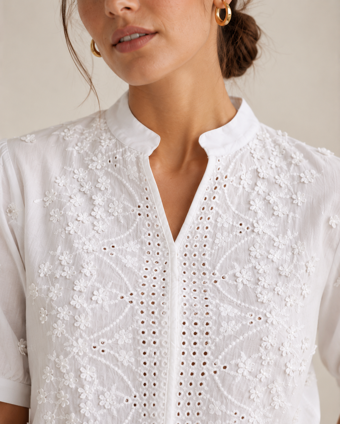 White V-Neck Floral Crochet Eyelet Short Sleeve Blouse
