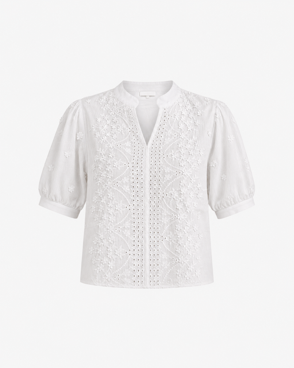 White V-Neck Floral Crochet Eyelet Short Sleeve Blouse