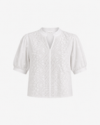 White V-Neck Floral Crochet Eyelet Short Sleeve Blouse