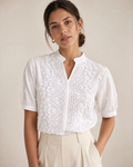 White V-Neck Floral Crochet Eyelet Short Sleeve Blouse