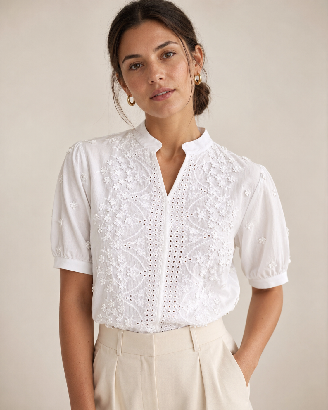 White V-Neck Floral Crochet Eyelet Short Sleeve Blouse
