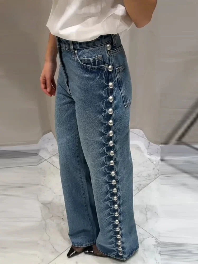 Wide-Leg Jeans with Pearl Side Detail