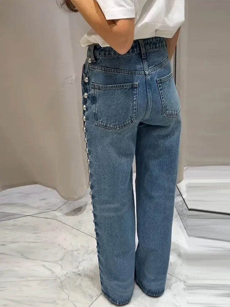 Wide-Leg Jeans with Pearl Side Detail