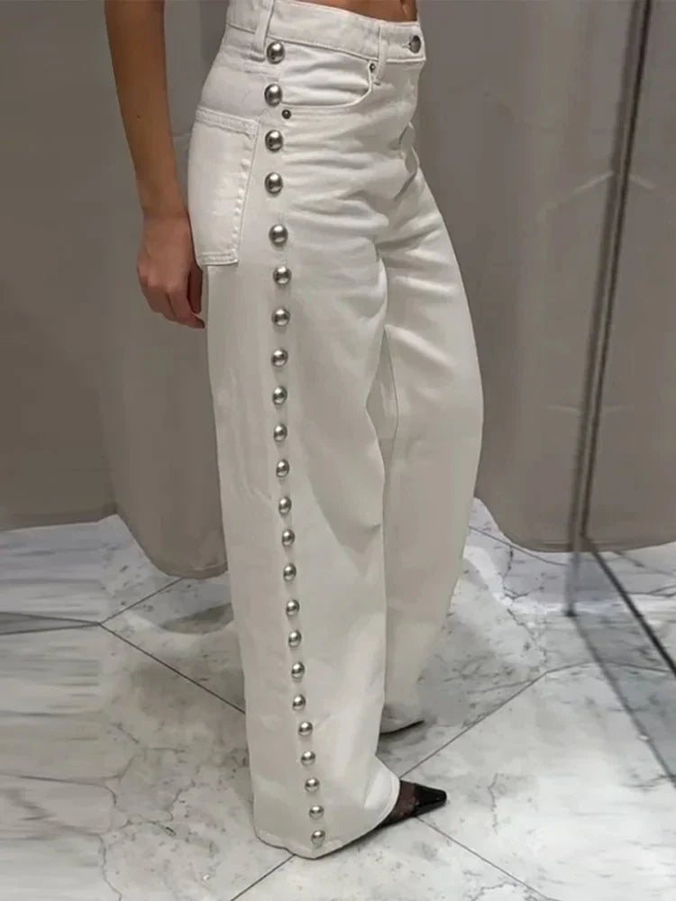 Wide-Leg Jeans with Pearl Side Detail