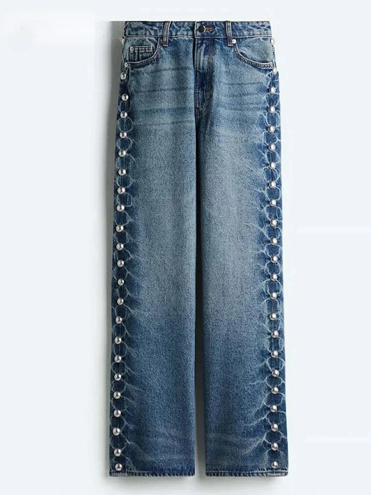 Wide-Leg Jeans with Pearl Side Detail
