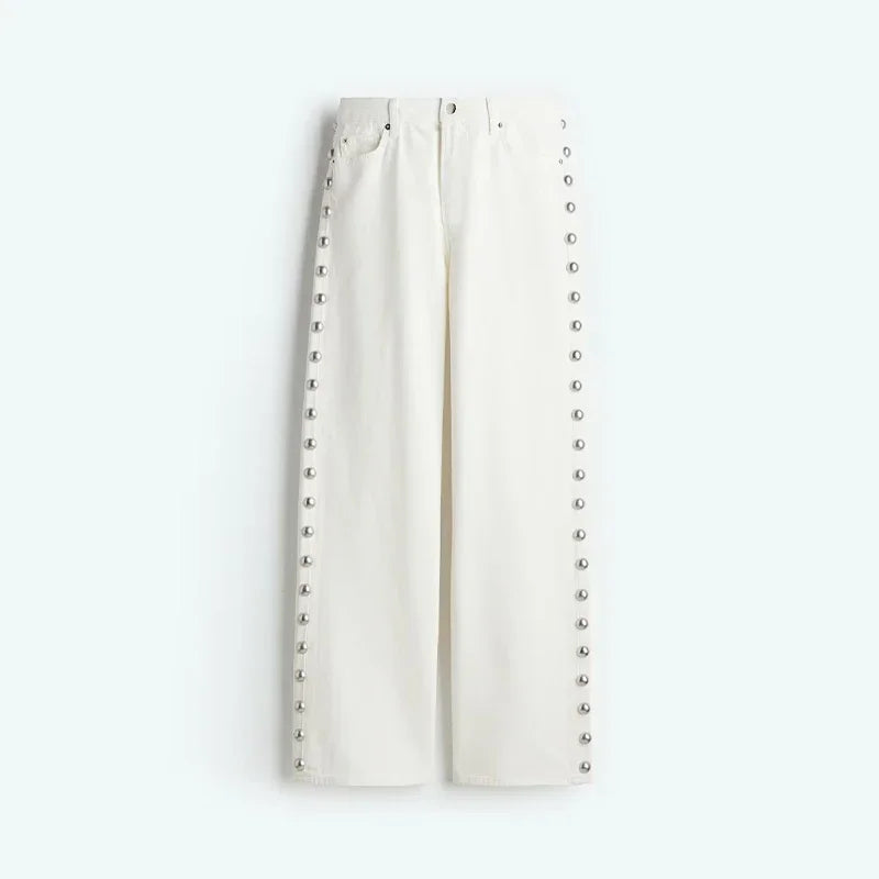 Wide-Leg Jeans with Pearl Side Detail