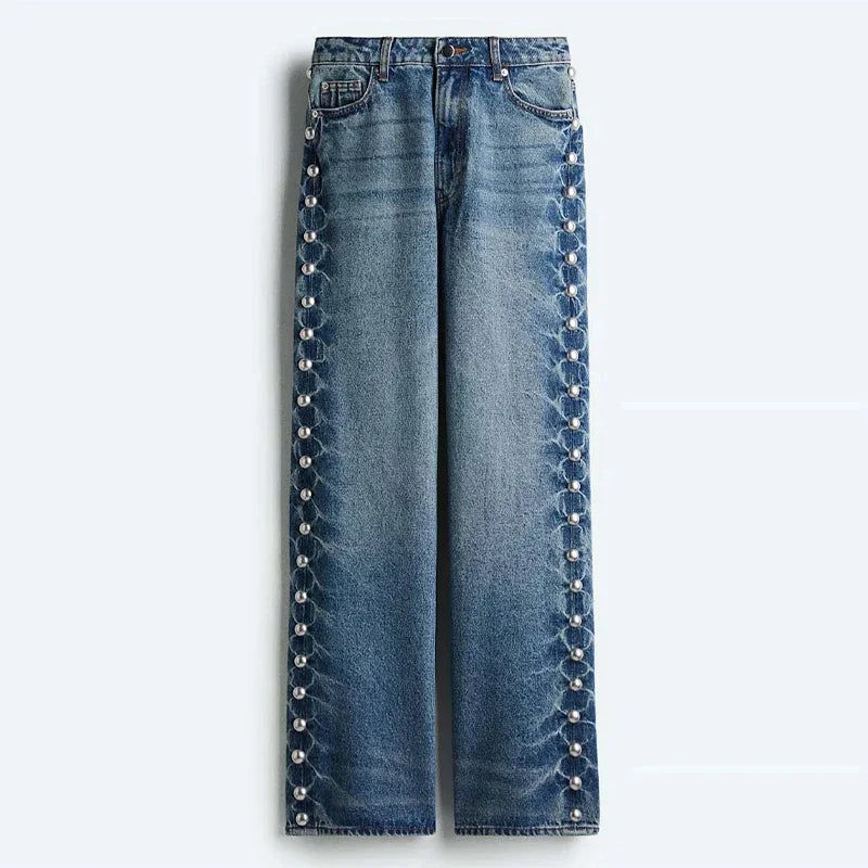Wide-Leg Jeans with Pearl Side Detail