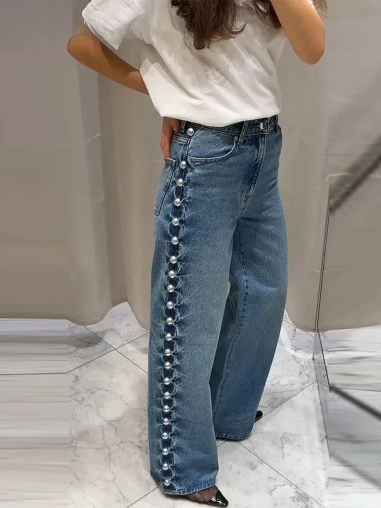 Wide-Leg Jeans with Pearl Side Detail