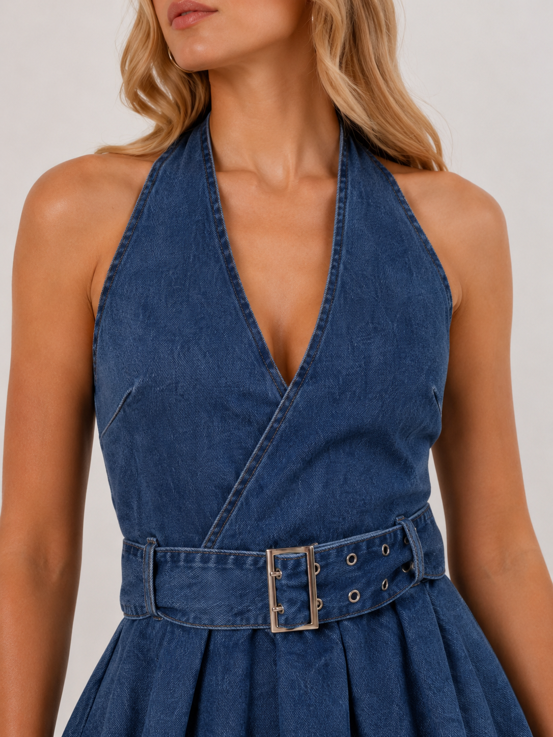 Women's Halter V-Neck Backless Belted Denim Mini Dress