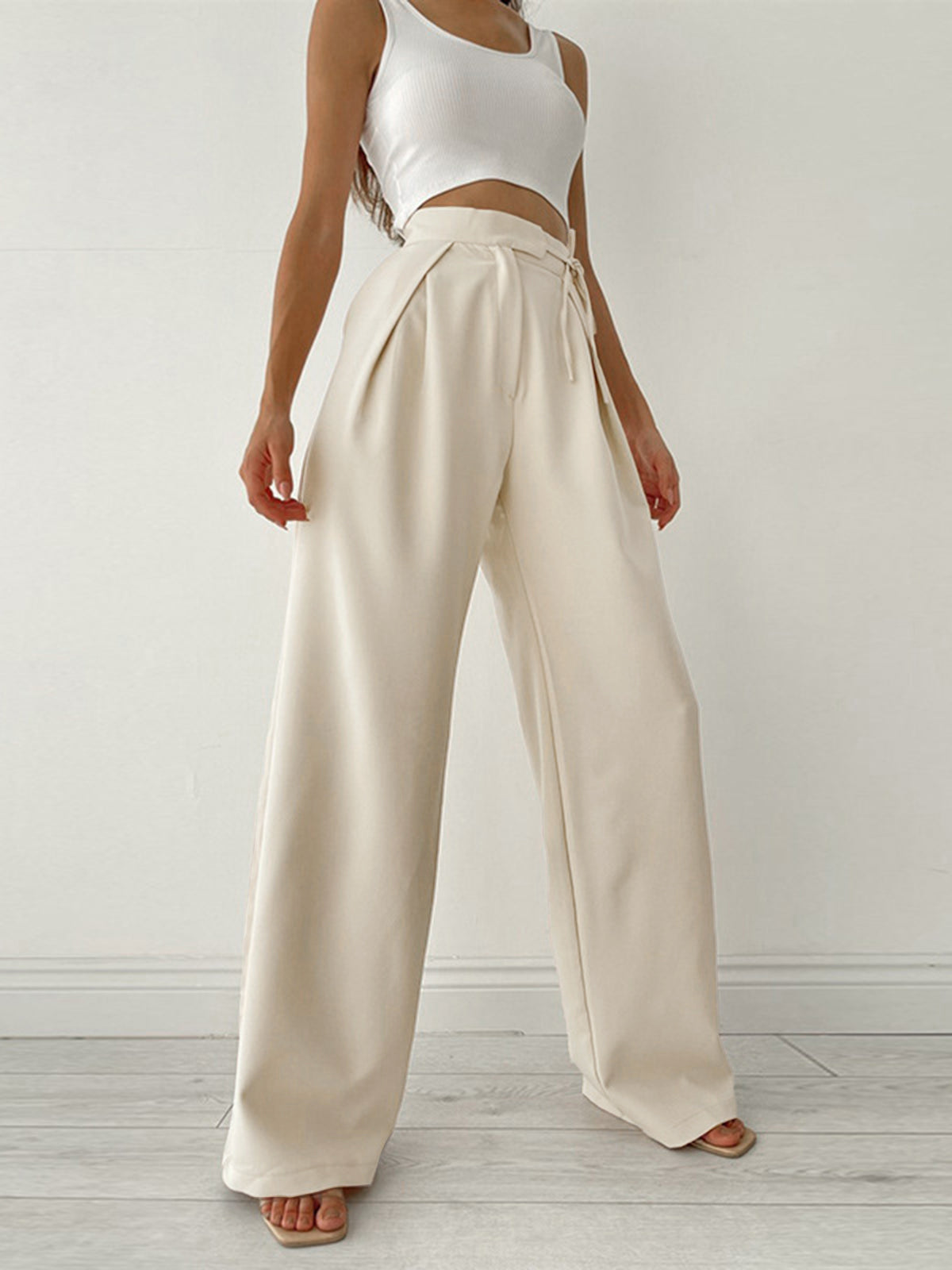 Women's Apricot Tie Waist Wide Leg Trousers