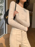 Women's Crew Neck Floral Hollow Knit Long Sleeve Top