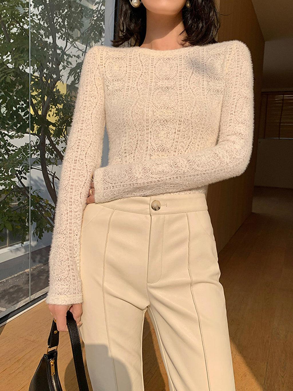 Women's Crew Neck Floral Hollow Knit Long Sleeve Top