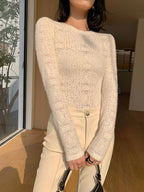 Women's Crew Neck Floral Hollow Knit Long Sleeve Top