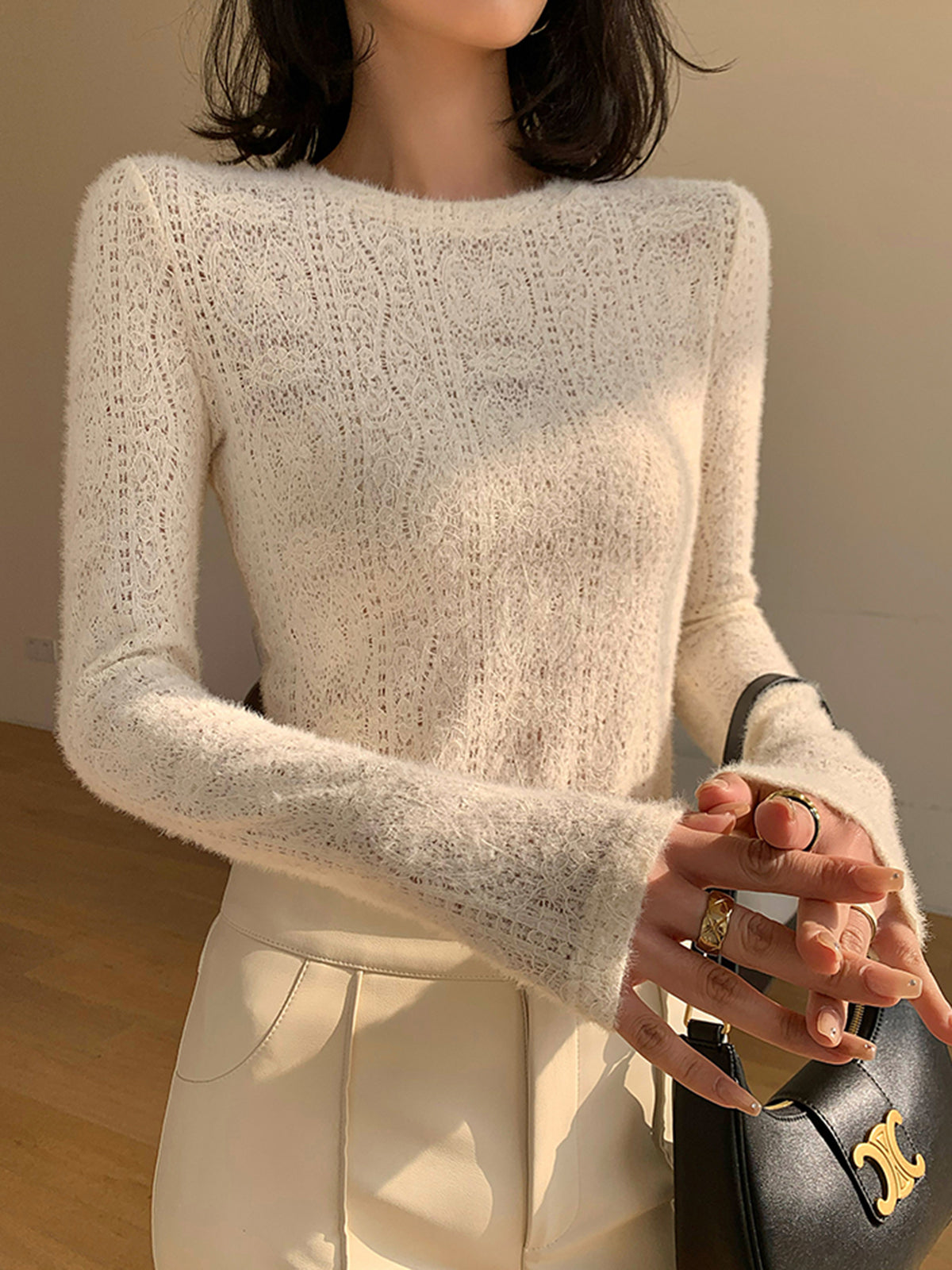 Women's Crew Neck Floral Hollow Knit Long Sleeve Top