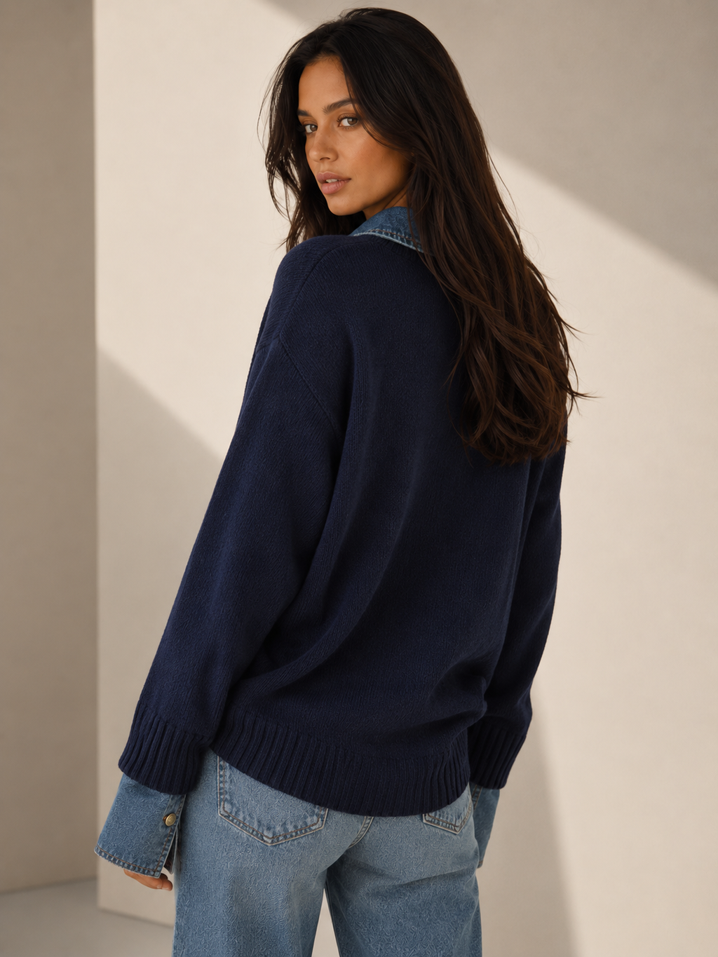 Women's Open Collar Long Sleeve Knit Sweater