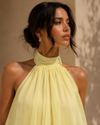 Yellow Halter Neck Backless Tie Waist Knit Mini Dress