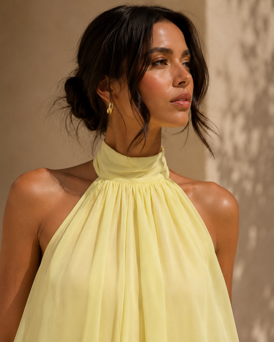 Yellow Halter Neck Backless Tie Waist Knit Mini Dress