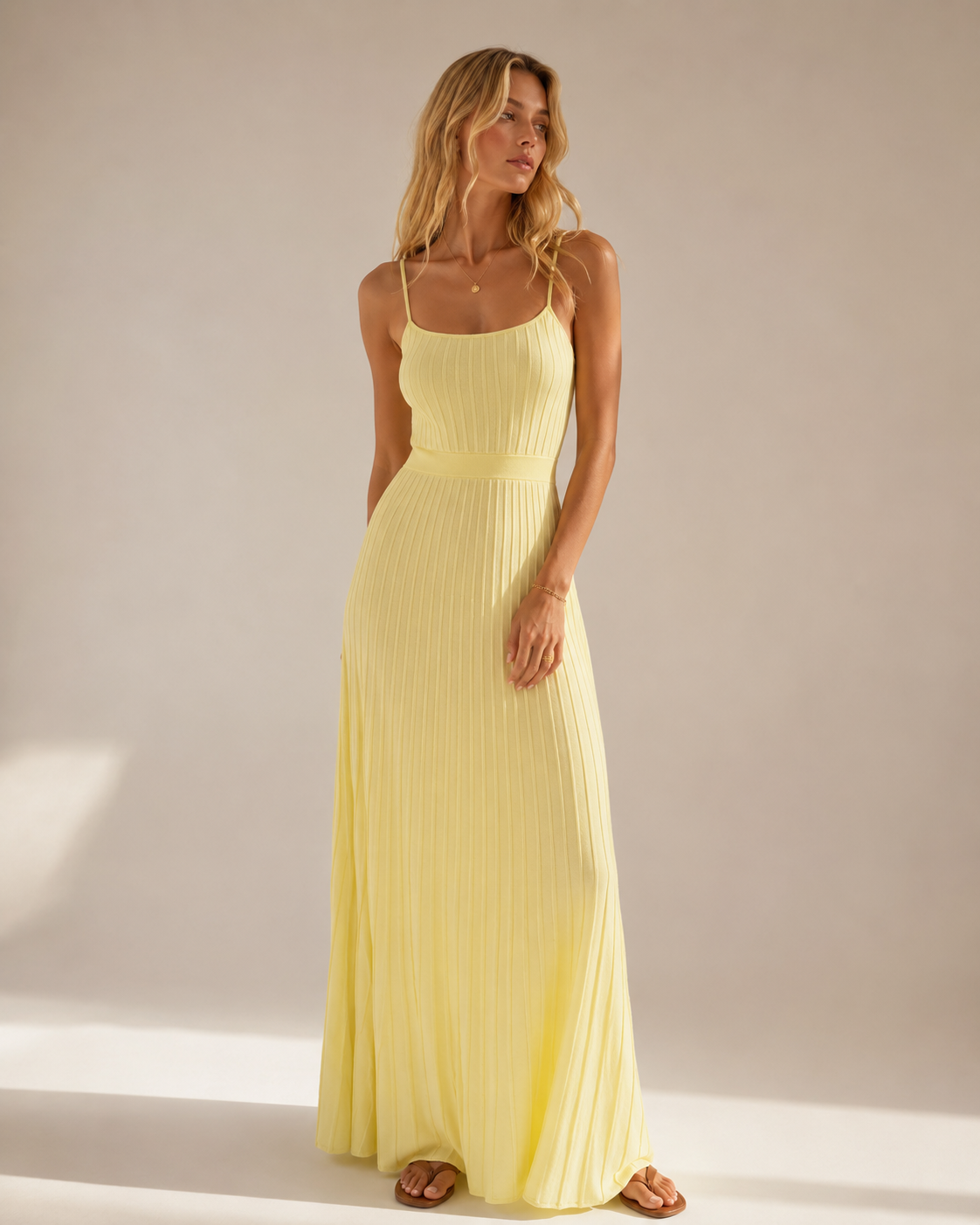 Yellow Sleeveless Ribbed Knit Midi Dress