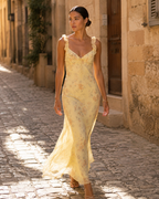 Yellow V-Neck Floral Print Backless Spaghetti Strap Maxi Dress