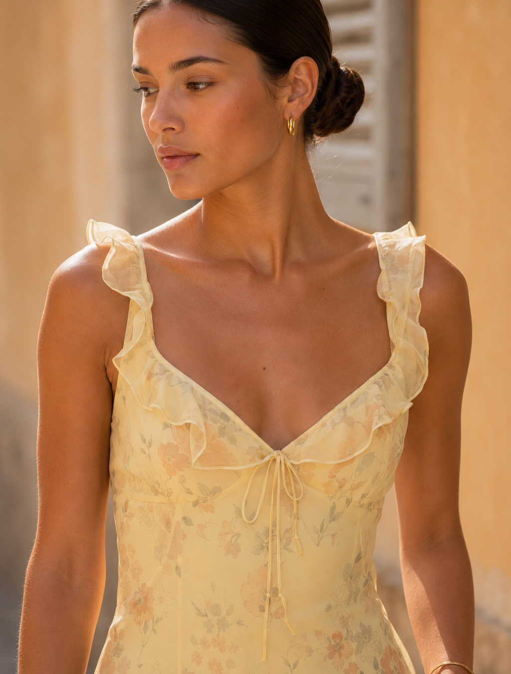 Yellow V-Neck Floral Print Backless Spaghetti Strap Maxi Dress