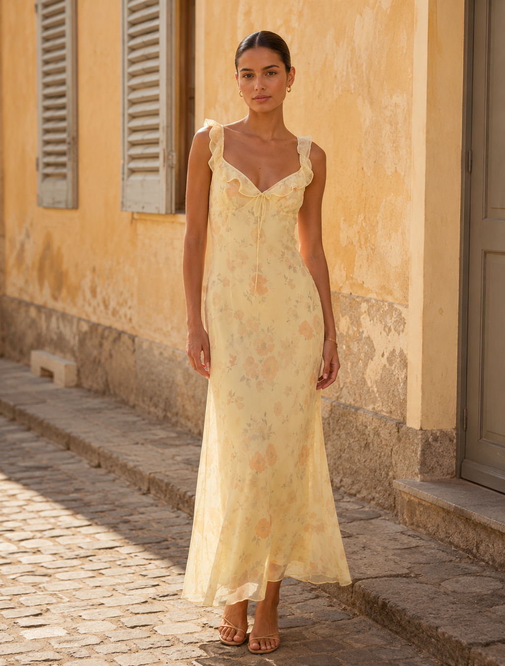 Yellow V-Neck Floral Print Backless Spaghetti Strap Maxi Dress