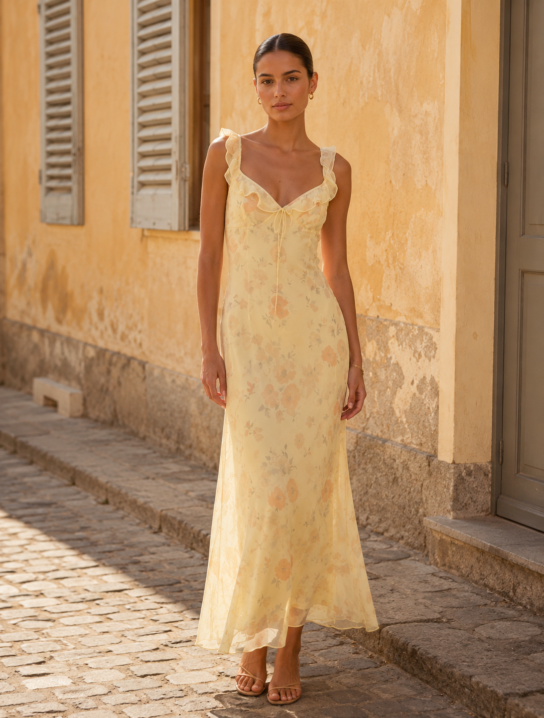 Yellow V-Neck Floral Print Backless Spaghetti Strap Maxi Dress