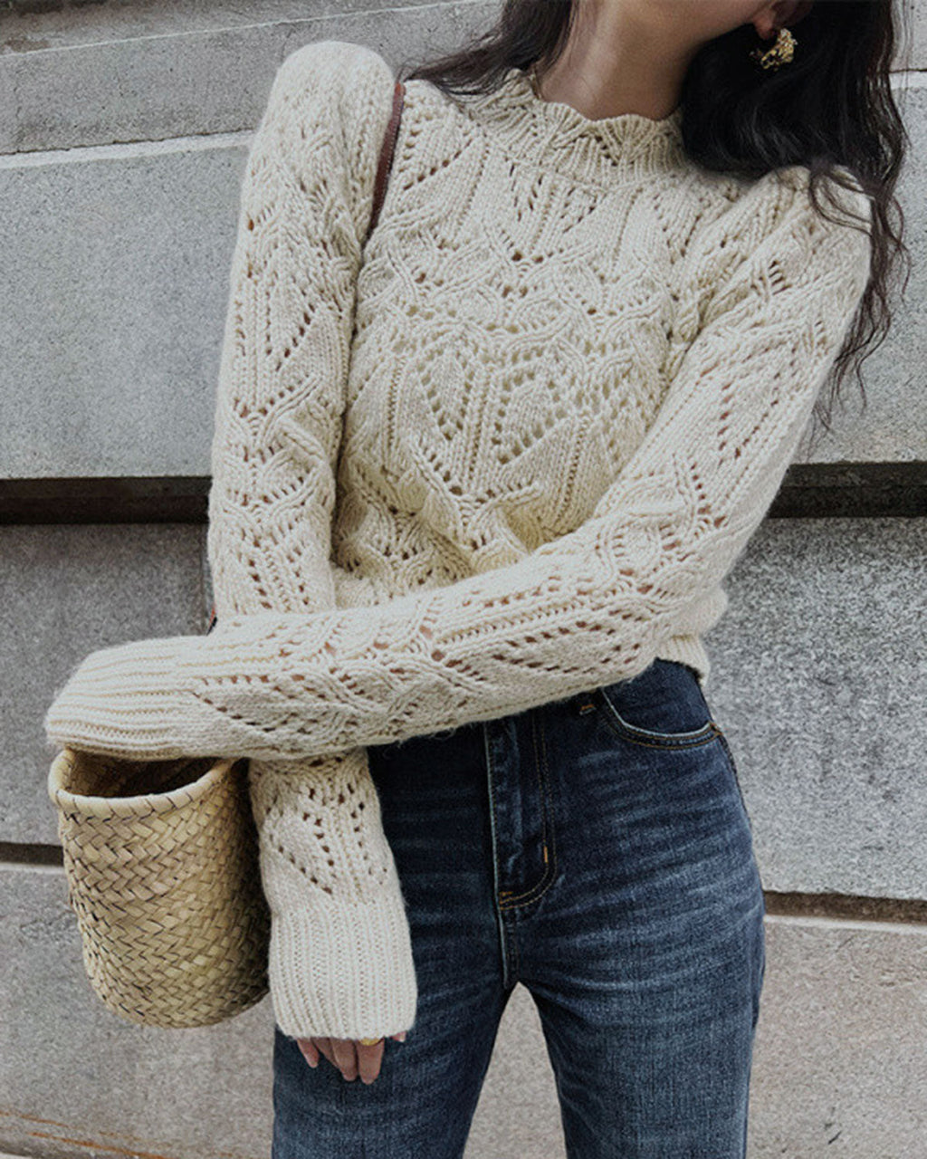 Off White Round Neck Cut Out Sweater